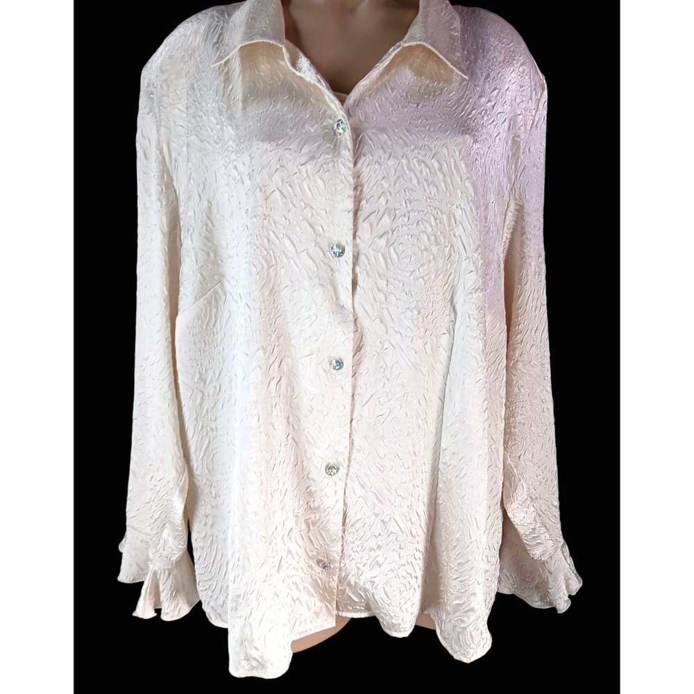 Maggie Barnes Womens Ivory Satin Button Up Shirt Size 2X Bell Long Sleeve Plus